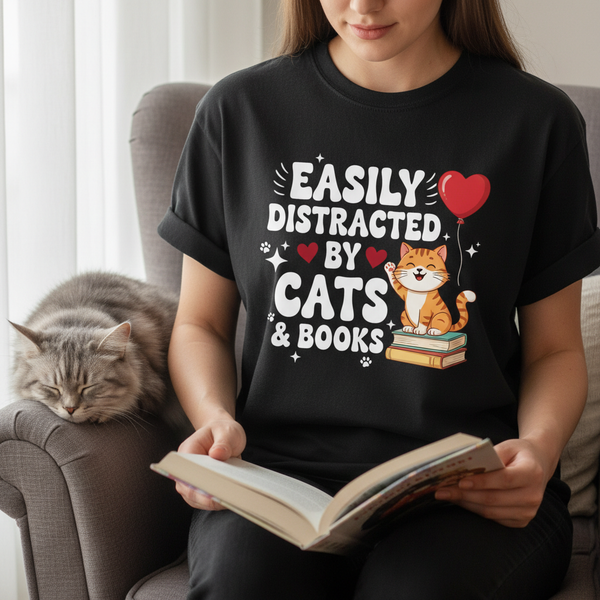 Easily Distracted by Cats & Books PNG/SVG | Cat Lover Reader T-Shirt